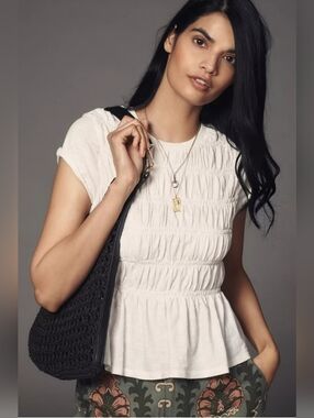 Anthropologie The Tabby Ruched Cap Sleeve Tee White By Pilcro Women's Size L